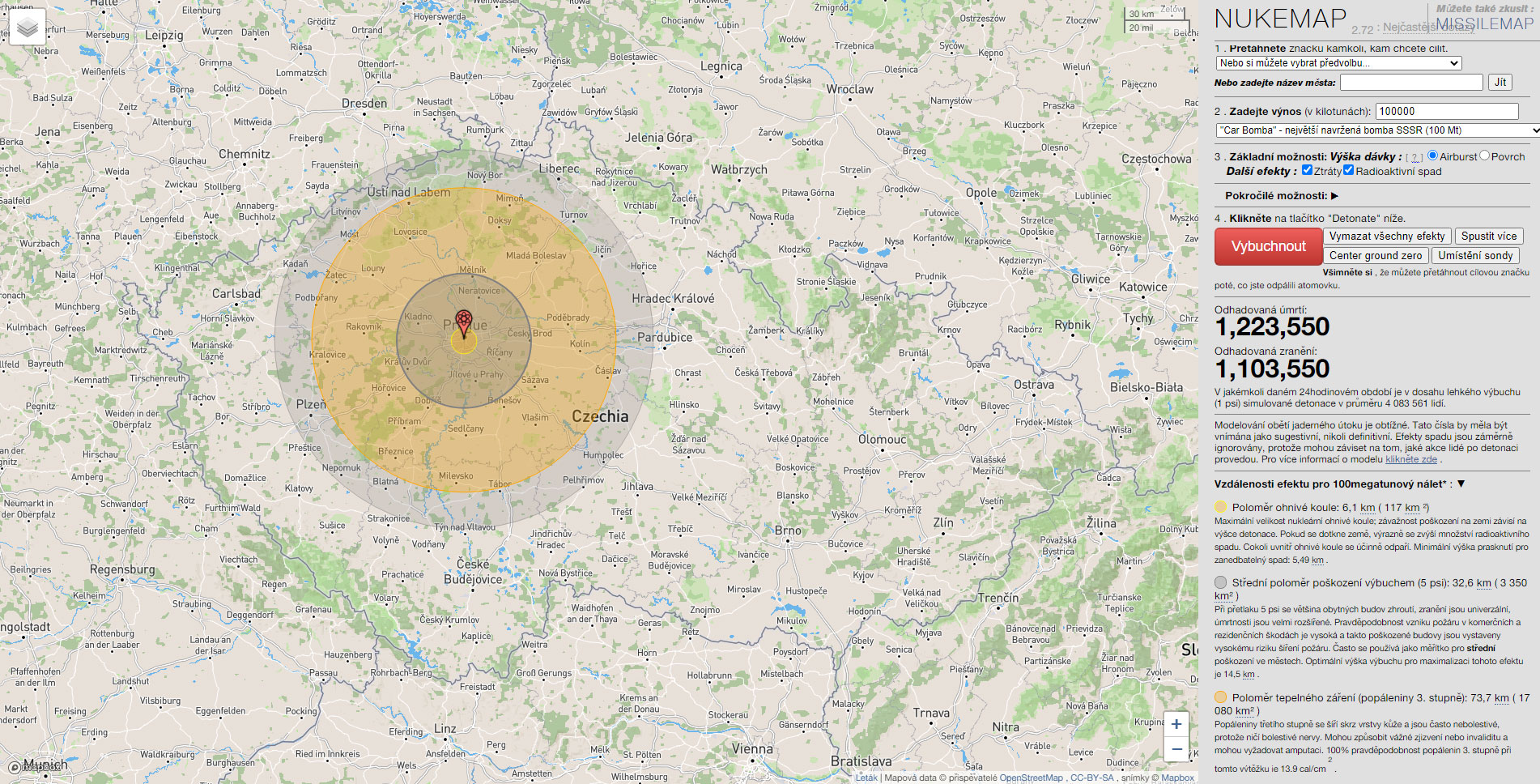 Simulace atomové bomby Tsar Bomb - Největší navržená bomba o síle 100 megatun (Praha, Česká republika)